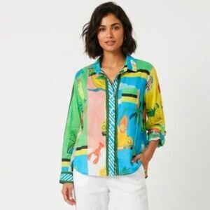 Lucky & Coco NWOT Women's Vibrant Tropical Patchwork Button Front LS Shirt Sz XL